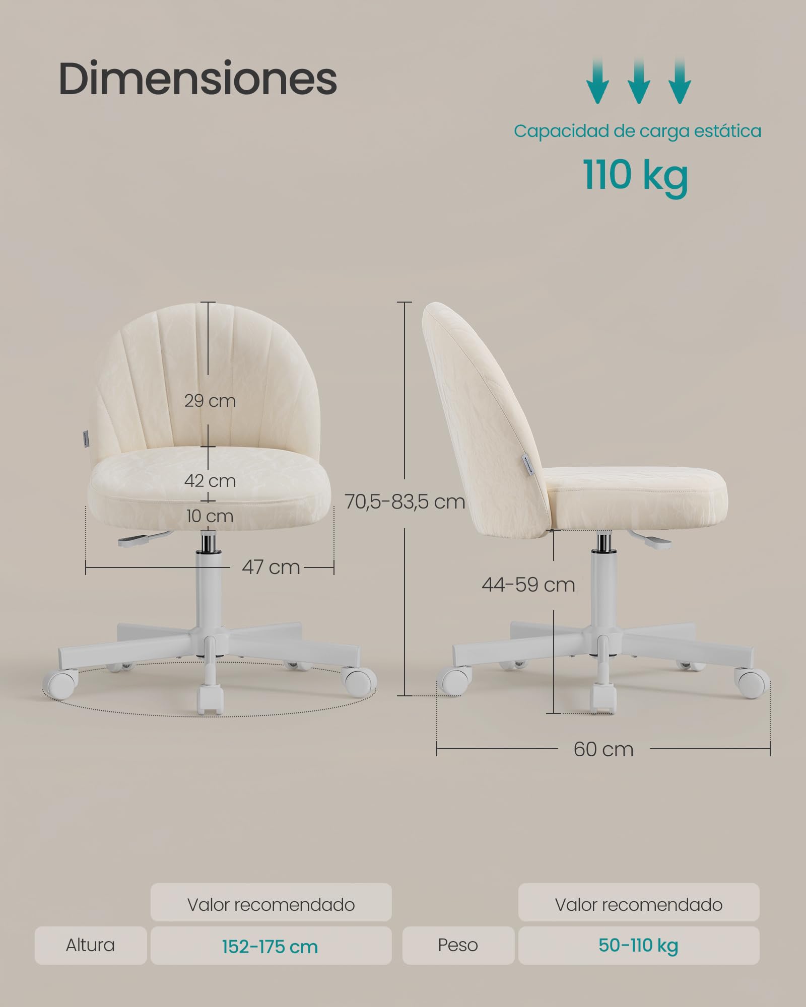 SONGMICS Silla de Escritorio Giratoria sin Reposabrazos, de Cuero PU, Ergonómica con Altura Ajustable, 60 x 60 x 70,5-83,5 cm, Blanco, para Espacios Pequeños, OBG027W101