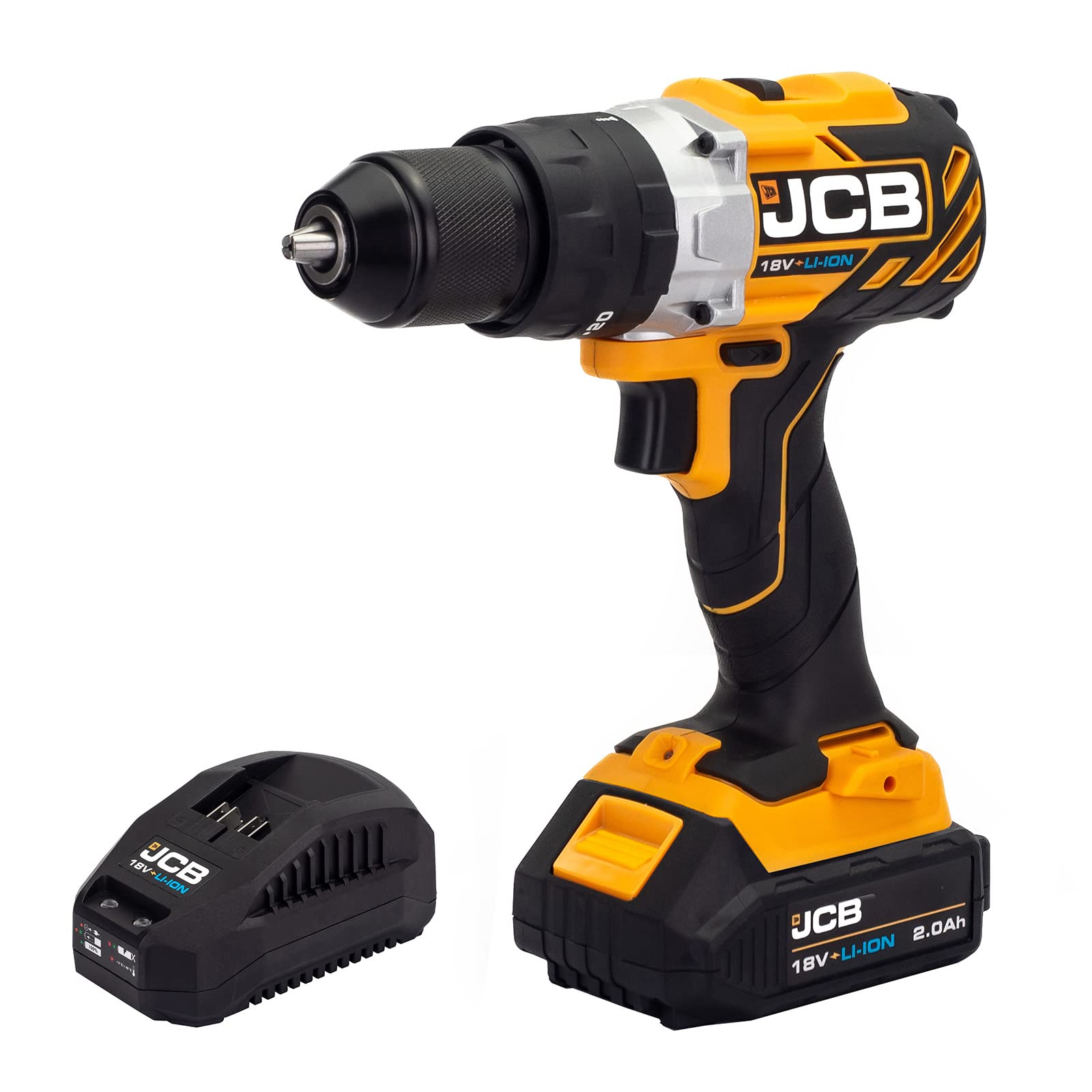 Jcb Black 18V Brushless Cordless Combi Drill, 2.0Ah Lithium-Ion Battery & Fast Charger, Variable Speed & Led Light, Rubber Grip Overmould