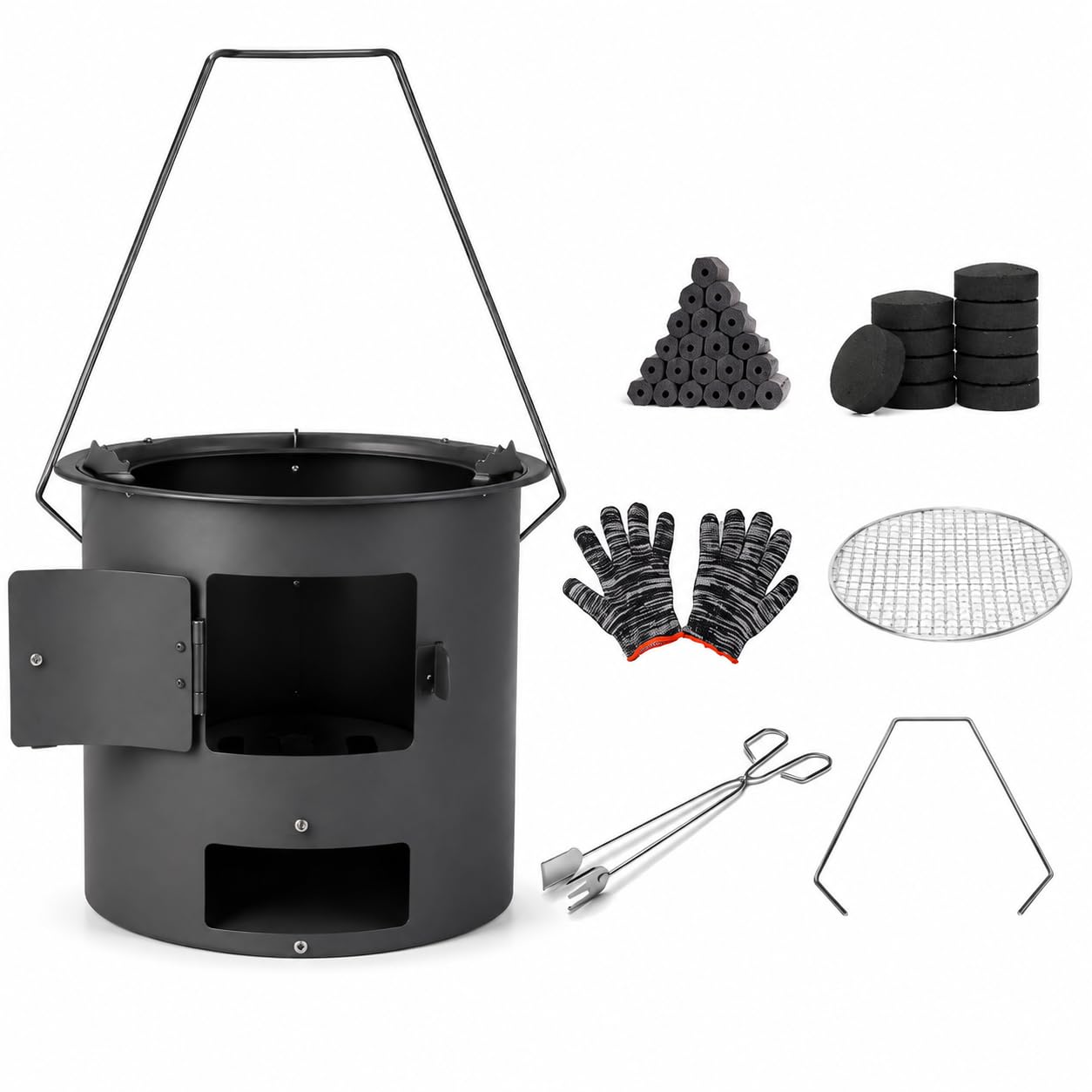 Fornello da Campeggio Portatile Multifunzione, Stufa e Carbone per Esterno, Anti in Metallo, Portatile, grande, con set di carbone da 5 pezzi