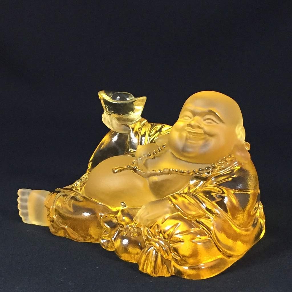 Laughing Buddha Statue with Pocket Maitreya Buddha Amber Color~Colored Glaze Glass (Liuli Crystal Glass) ~~ Last ONE ~~