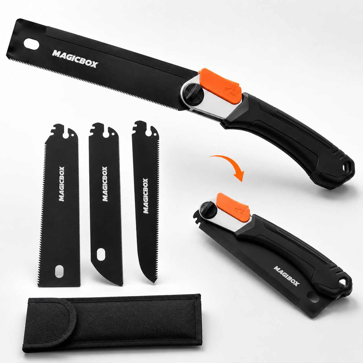 Magicbox Klappsäge Set mit 4 austauschbaren SK5-Sägeblättern, Japansäge Klappbar mit Sicherheitsverschluss, 2 Winkelpositionen, rutschfestem Griff & Canvas-Tasche für Holz, Äste, DIY, Outdoor