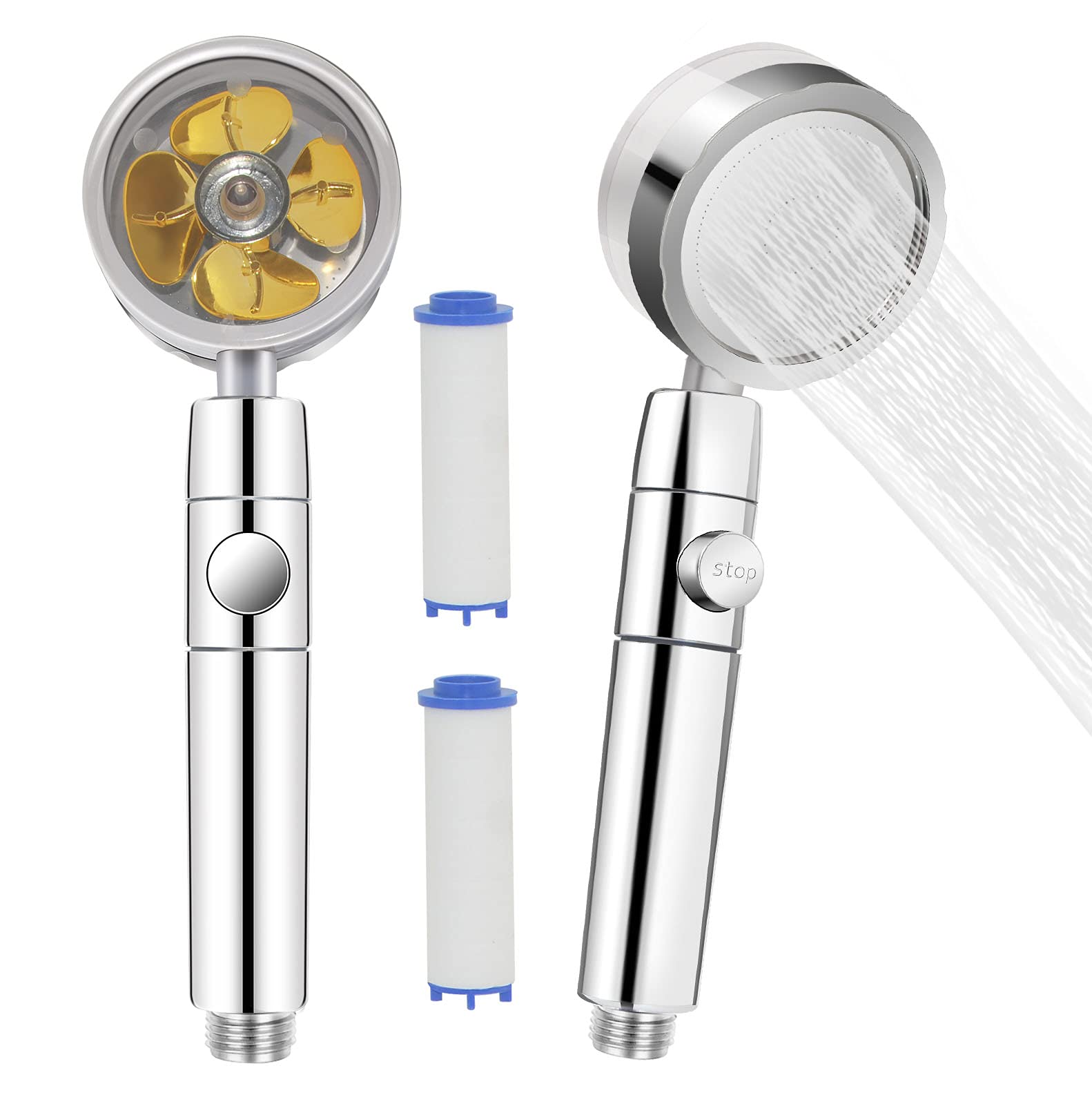 High Pressure Shower Heads, Handheld Turbo Shower Head, Propeller Hydro jet Shower Head with 2 Filters and Pause Switch, 360 Degrees Rotating, High Pressure Vortex Shower head for Spa Shower (Golden)