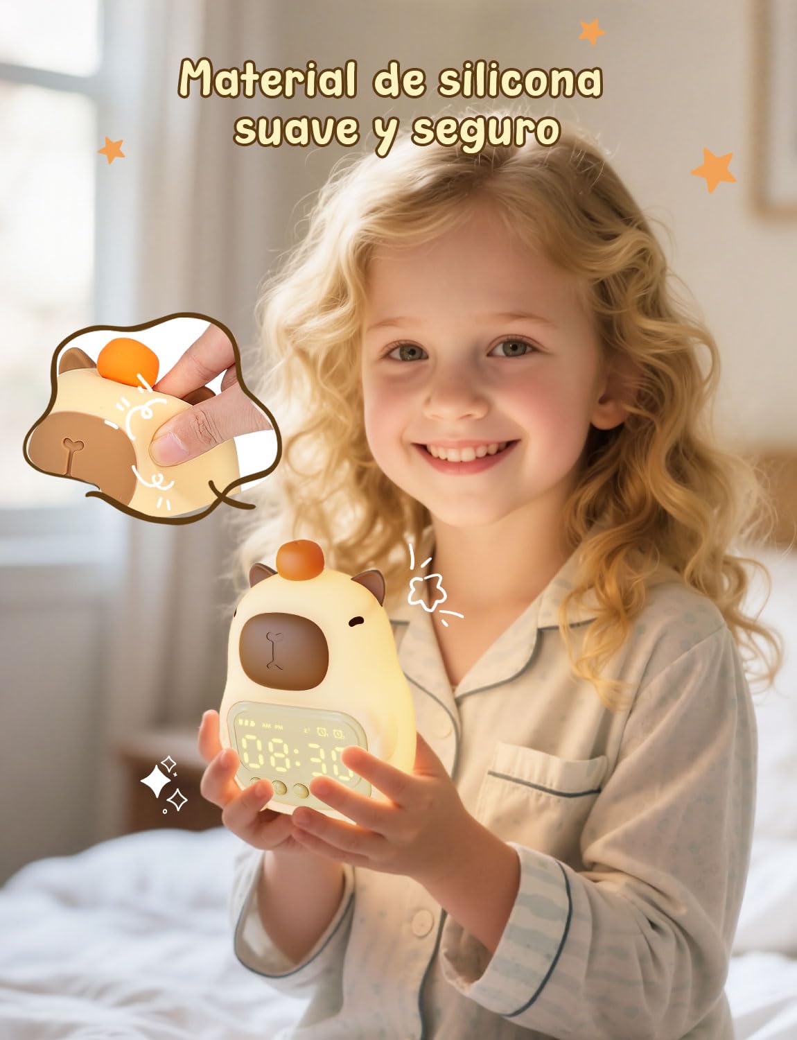 YISSVIC Despertador Infantil Reloj Despertador Digital 2 Alarmas Brillo Ajustables 8 Volumenes 5 Músicas, Función de Repetición Luces Nocturnas Recargable de 1800mAh para Infantil Adulto- Capibara