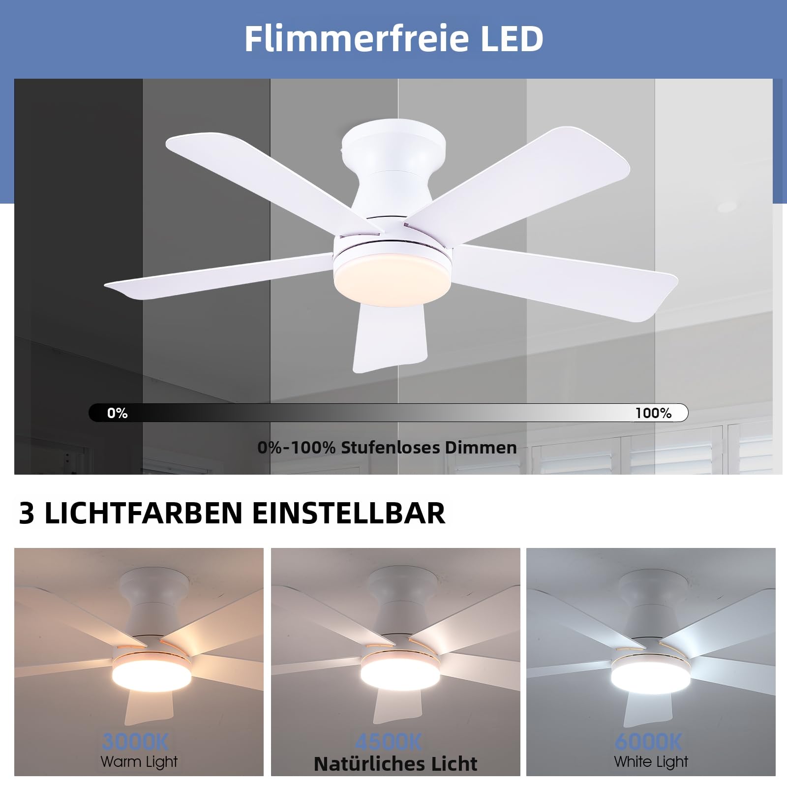 Ventilateur de plafond plat de 104 cm avec éclairage LED et télécommande, 3 couleurs de lumière réglables, 6 vitesses, ventilateur de plafond moderne encastrable pour chambre à coucher et cuisine