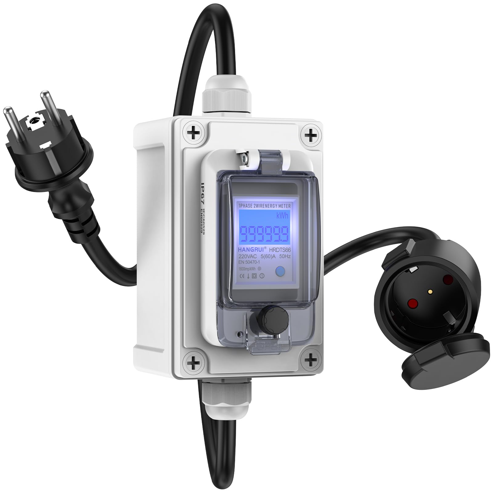 Medidor de Consumo Eléctrico 60A 230V, Contador de Energía Eléctrica | Enchufe y Toma CEE Schuko, Resistente al Agua IP67, Memoria Corte Corriente, Registra Consumo Energético