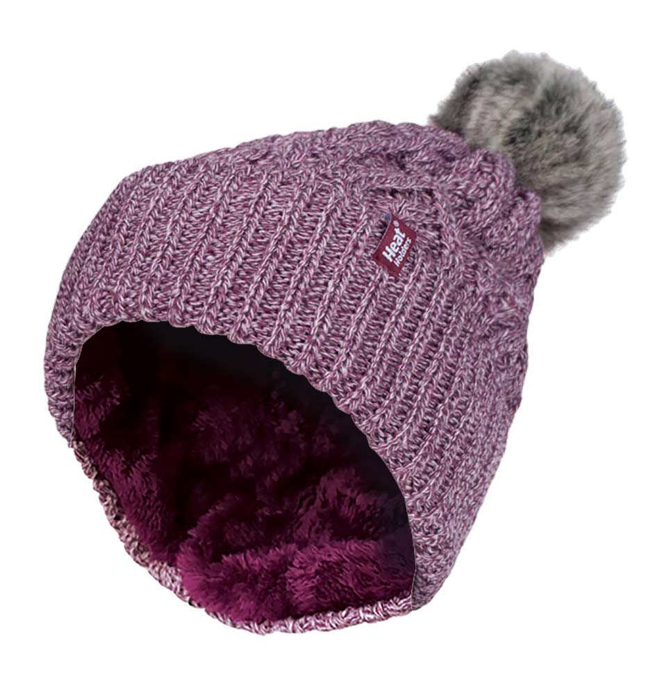 Heat Holders Women's Rose (Solna) - Chunky Ribbed Cuffed Thermal Winter Pom Pom Bobble Beanie Hat With Fleece Lining (One Size, )