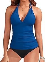 Yonique Womens Two Piece Swimsuits Tummy Control Tankini Plus Size Bathing Suit Halter V Neck Swimwear