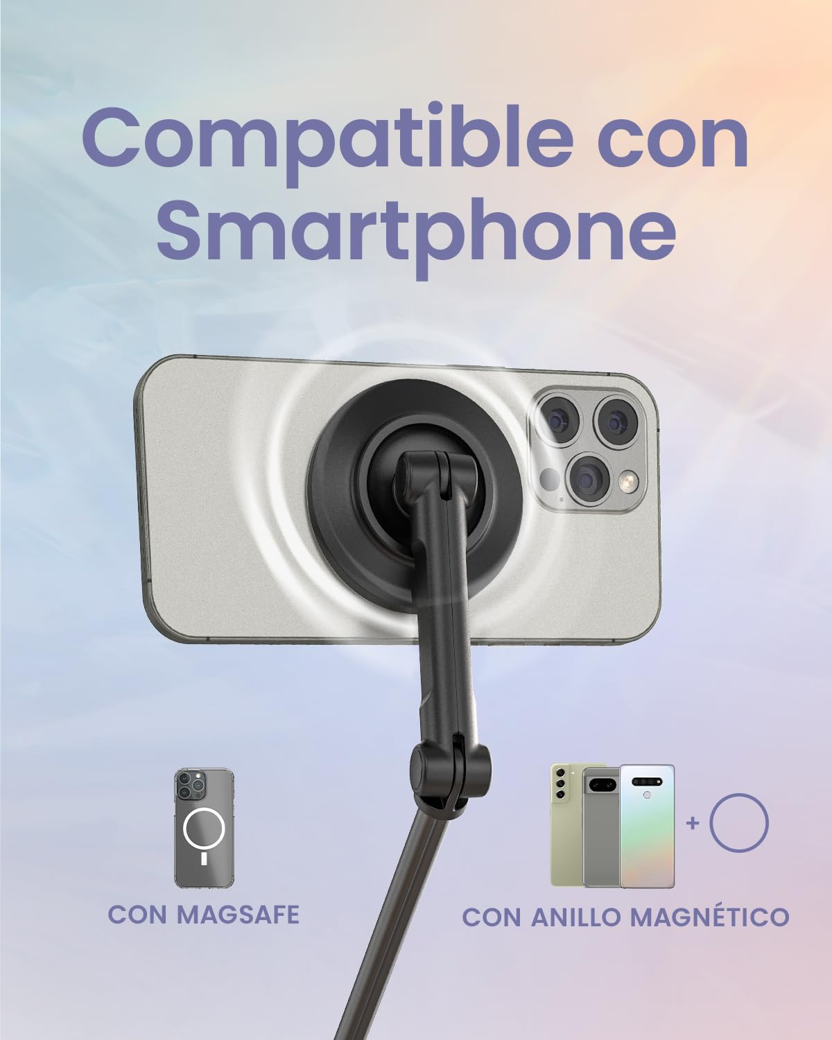 KraftGeek 168cm Palo Selfie Trípode para Movil Compatible con MagSafe, Tripode Movil Magnético con Apertura Automática, Tripe Telemovel Extensible Compatible con iPhone/Samsung/Android, Negro