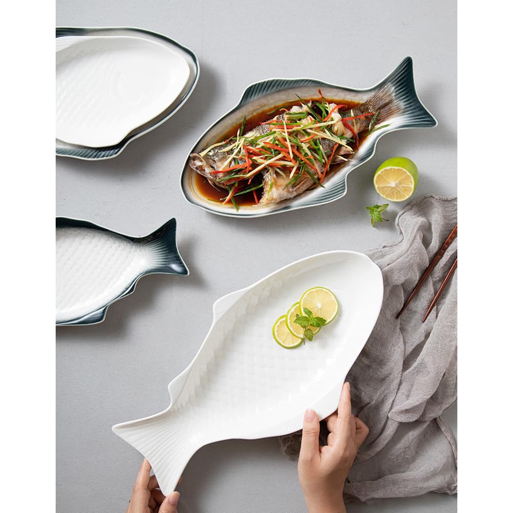 Cabilock Fischteller Keramik Fischplatte Porzellan Servierteller Fischform Lachsplatte Vorlegeplatte Ovale Frühstücksteller Tablett Servierschale Servierplatten für Fisch Snack Meeresfrüchte