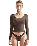 SUUKSESS Women Double Lined Fitted Basic T Shirts Scoop Neck Long Sleeve Crop Top Small Brown