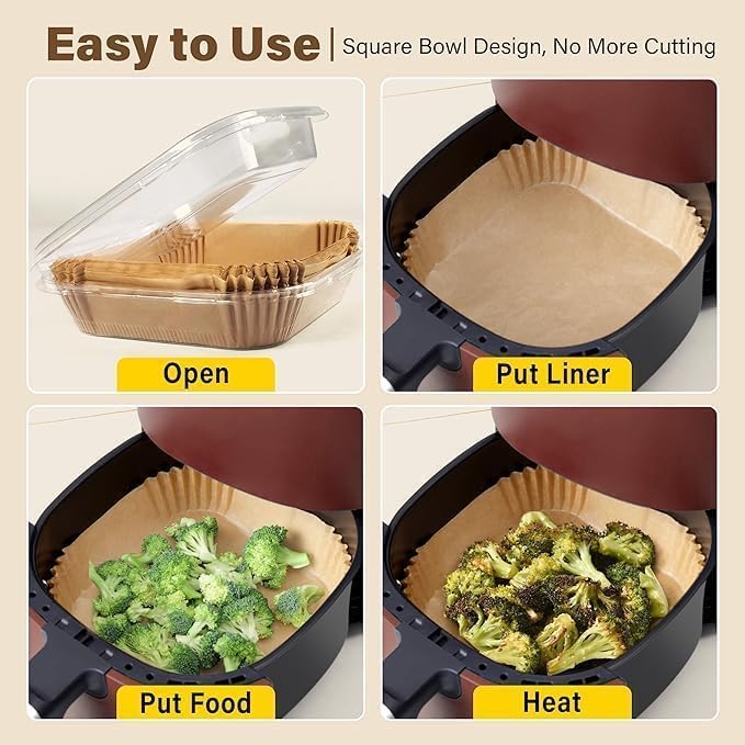 Image of Marve Square Air Fryer Liners Food-Grade BPA Free Paper for 5 to 8 litres Oil-Free Fryers - Healthy Cooking I Heat Resistance Air Fryer, Baking, Roasting Microwave (125 Pcs Square 8 INCH)