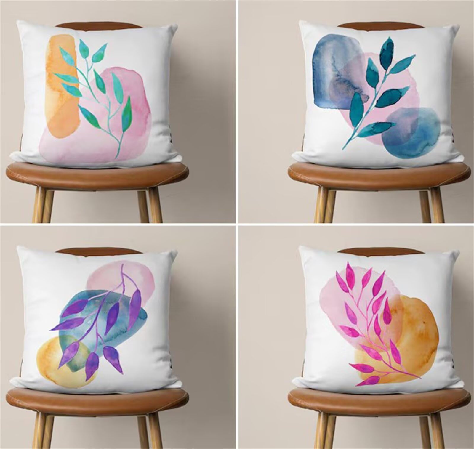 Heaen Outdoor Cushions Covers Waterproof 55x55 cm Set of 4 Square Linen Pillow Cases Simple Leaves Decorative Dushions for Sofa Porch Patio Home Decor