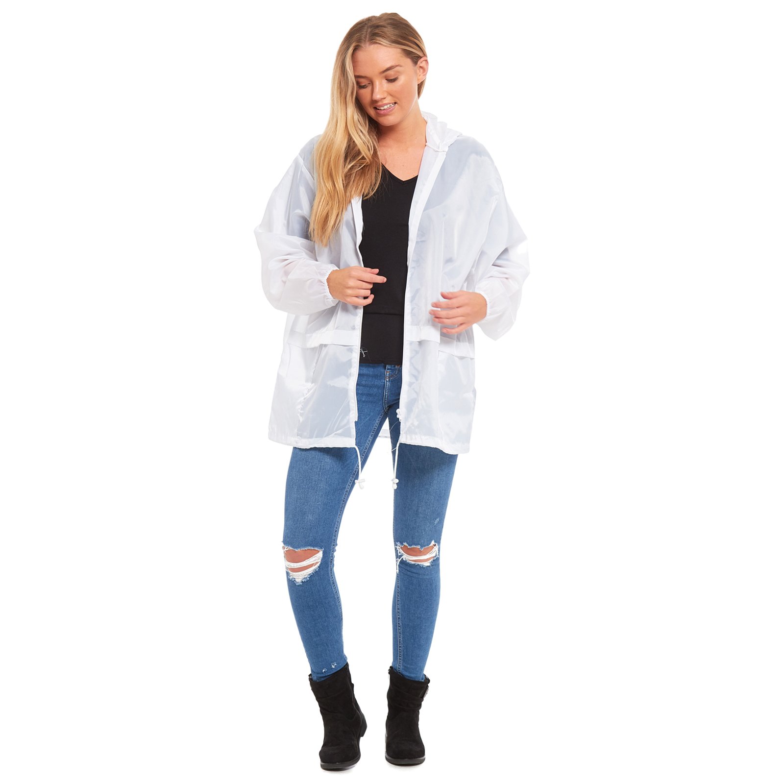 Myshoestore Women's White Unisex Plain Kagool Raincoat Mens Waterproof Summer Hooded Cagoule Lightweight Casual Jacket Shower Proof Windbreaker Kagoul Outdoor Festival Mac Tops(, M)