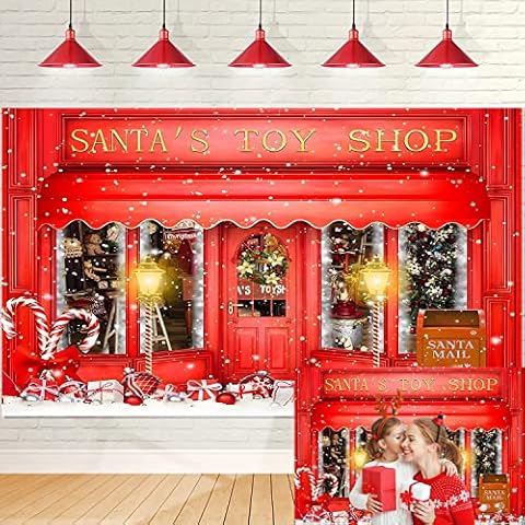 Red Christmas Backdrop Santa's Toy Shop Xmas Gift Candy Window showcase Photography Background Christmas Shop Decoration Winter Family Holiday Party Banner 7x5FT Cover