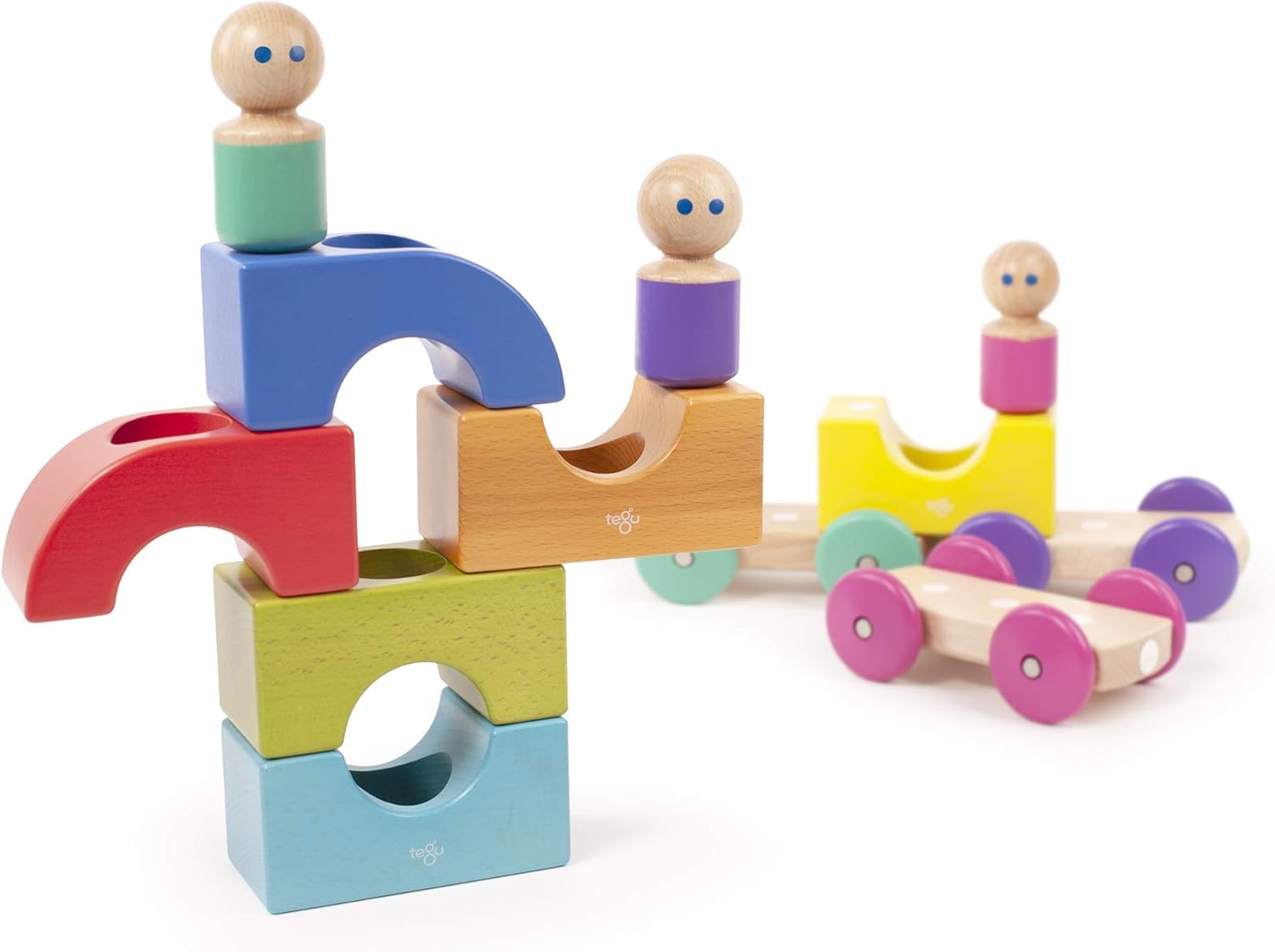 12 Piece Tegu Magnetic Tram Building Block Set, Rainbow
