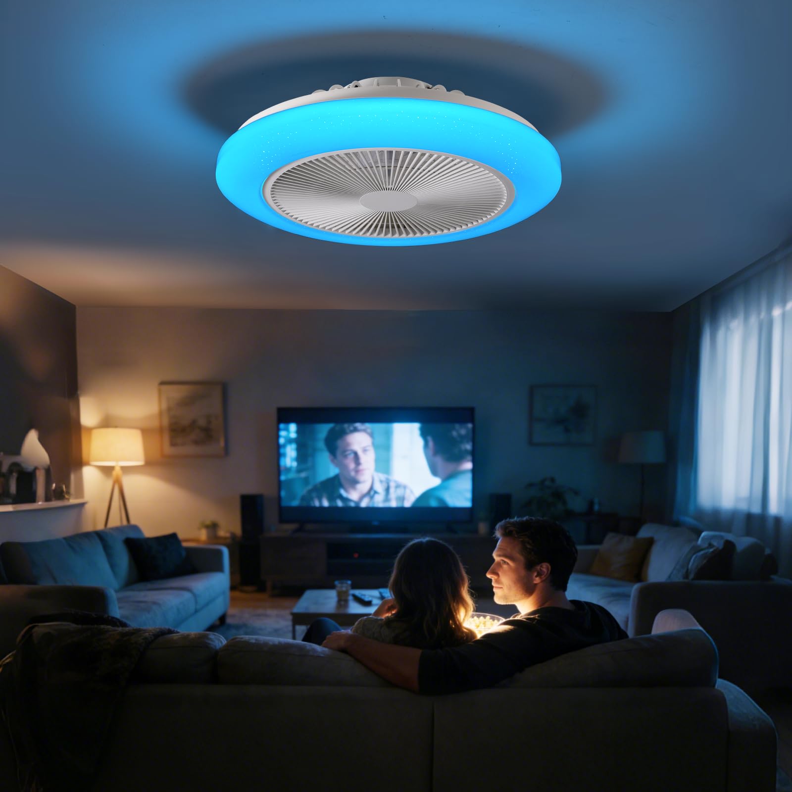 LEONTYNE Ventilador de techo inteligente RGB de 50 cm con iluminación, aplicación y mando a distancia, 7 RGB + 3 CCT regulable, motor DC silencioso, temporizador de memoria reversible, plano para