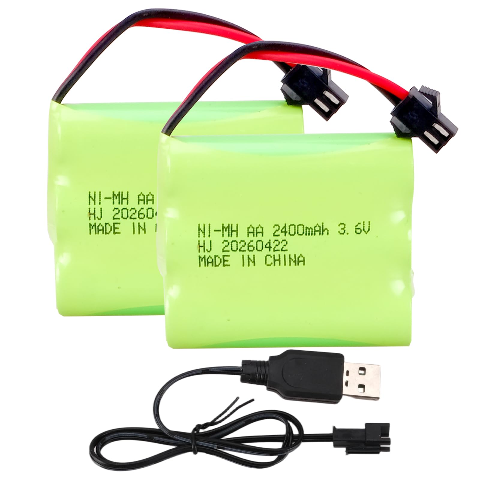 2 Pack 3.6V 2400mAh NiMH Rechargeable AA Battery with SM 2P Connector, for RC Toys, Construction Trucks, Dump Trucks, Lighting Devices, Power Tools & Household Appliances