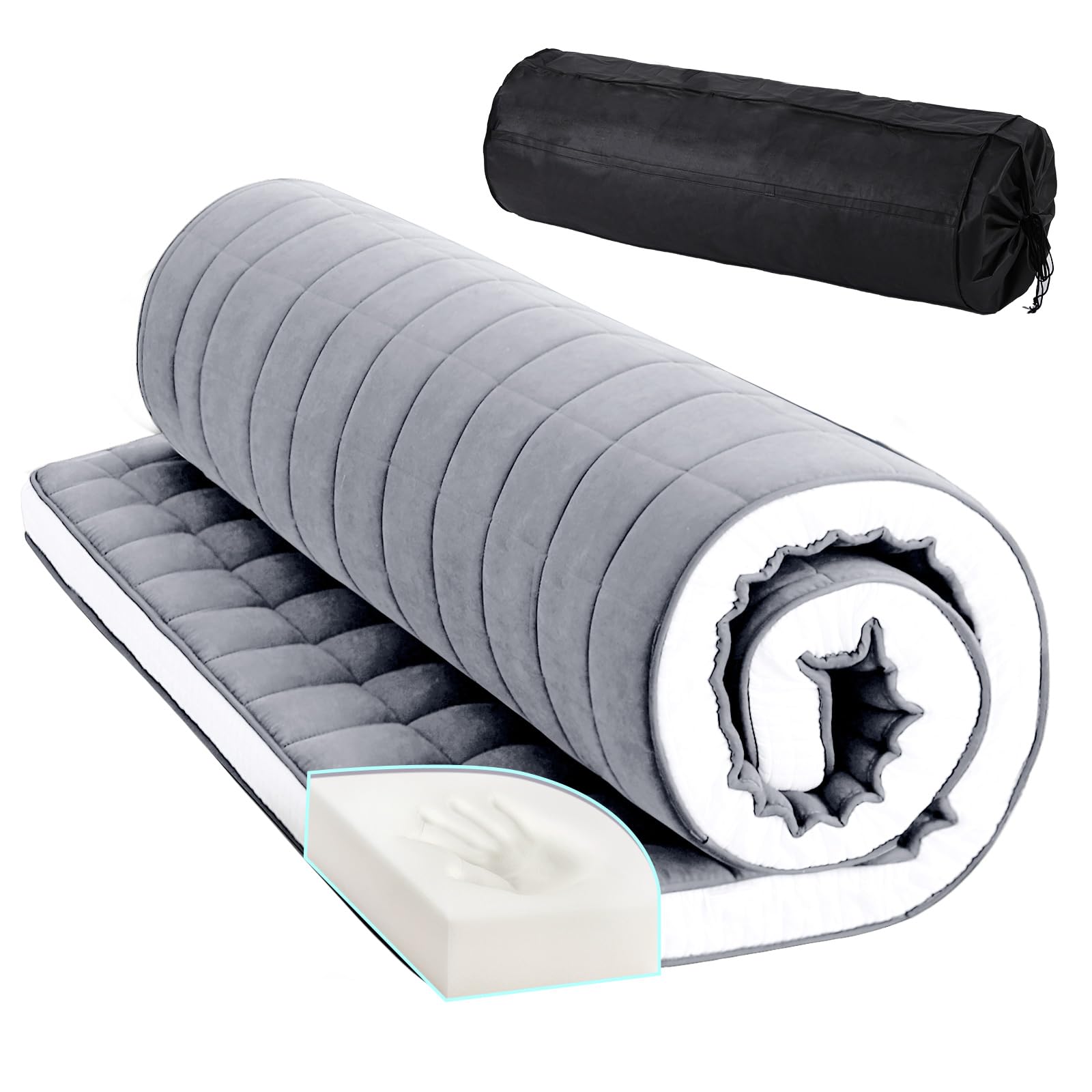 Tiita Japanese Floor Mattress Futon Mattress 4” Thick Folding Roll Up Sleeping Pad with Bag & Strap, Bed Topper Mat for Guest, Lounger and Tavel, Gray,Full Size