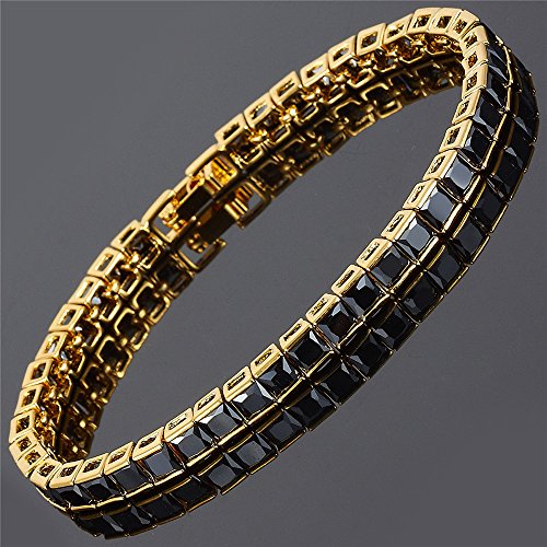 RIZILIA Tennis Bracelet & Square Cut CZ [Simulated Black Onyx] in Yellow Gold Plated, 7"3