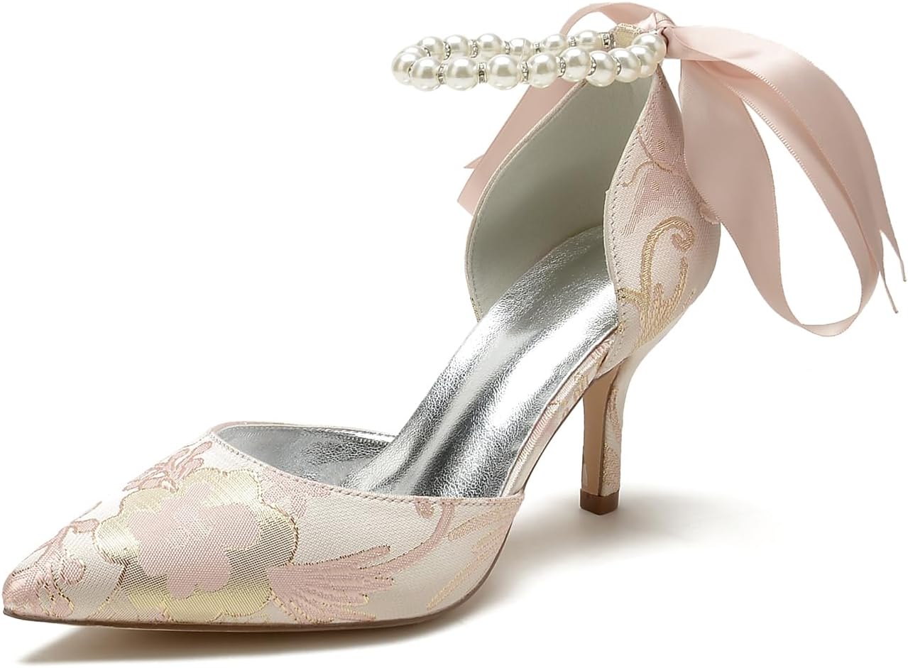 Women's Floral Satin Stilettos Pointed Toe Pump Heels Pearl Bridal Shoes Prom Party Dress Wedding Shoes