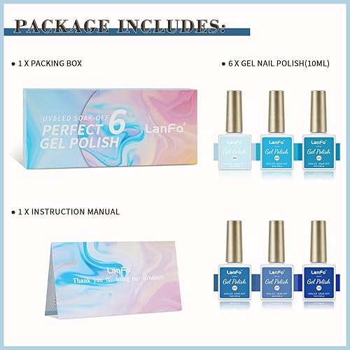 Miniatura 7 de LanFo Juego de 6 esmaltes de gel azul con purpurina azul para todas las estaciones, UV LED, arte de uñas para salón en casa