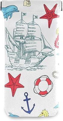 HUSSRITY Eyeglasses Case Sailing Boats Sea Animal Sunglasses Pouch Soft PU Leather Squeeze Top Eyeglass Holder Portable Glasses Case For Women Men