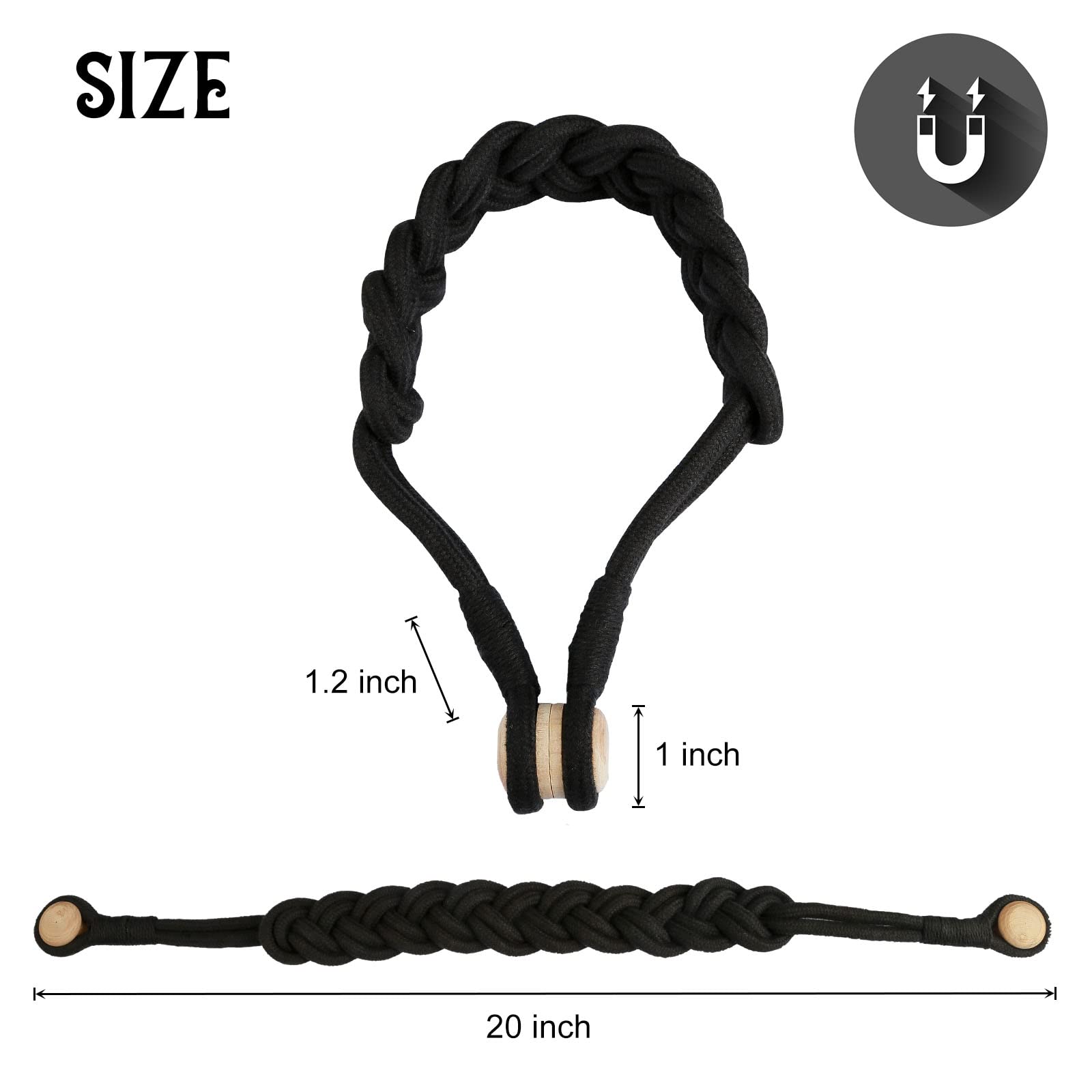 BEL AVENIR Raffhalter für Vorhänge, magnetisch, gewebt, 4 Stück, Schwarz