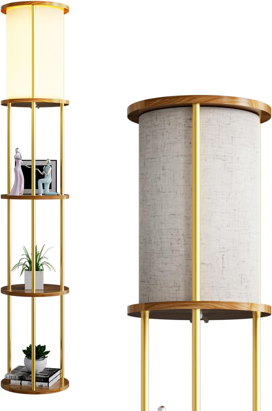 61" Floor Lamp with Shelves, Modern Gold Floor Lamp with Fabric Lampshade and 3- Tier Storage Table Attached, 35lb Capacity Solid Wood, Corner Bookshelf Lamps for Living Room, Bedroom, Office