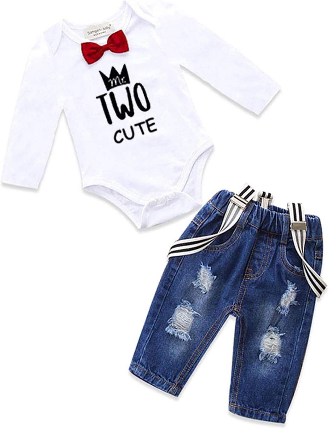 Toddler Baby Boy Birthday Clothes Set Bowtie Romper Suspenders Ripped Denim Pants Outfits
