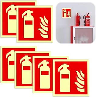 6 Stück Schild Feuerlöscher 15 x 15 cm PVC Nachleuchtend Selbstklebend - Brandschutzschild Aufkleber Sicherheitsmarkierung Brandschutzzeichen