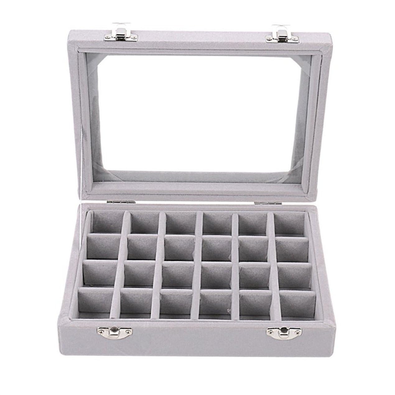 GymRichy 24 Grid Velvet Glass Jewelry Box Organizer Rings Earrings Tray Display Storage Case for Women Girls (Grey)