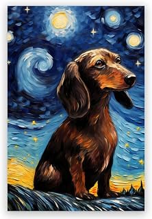 JYzymuth Dachshund Best Friends Pet dog Starry Sky poster Van Gogh inspired Animal Home Oil painting Art Bedroom Living Room canvas printed wall decoration 8x12inch Unframed, style-26