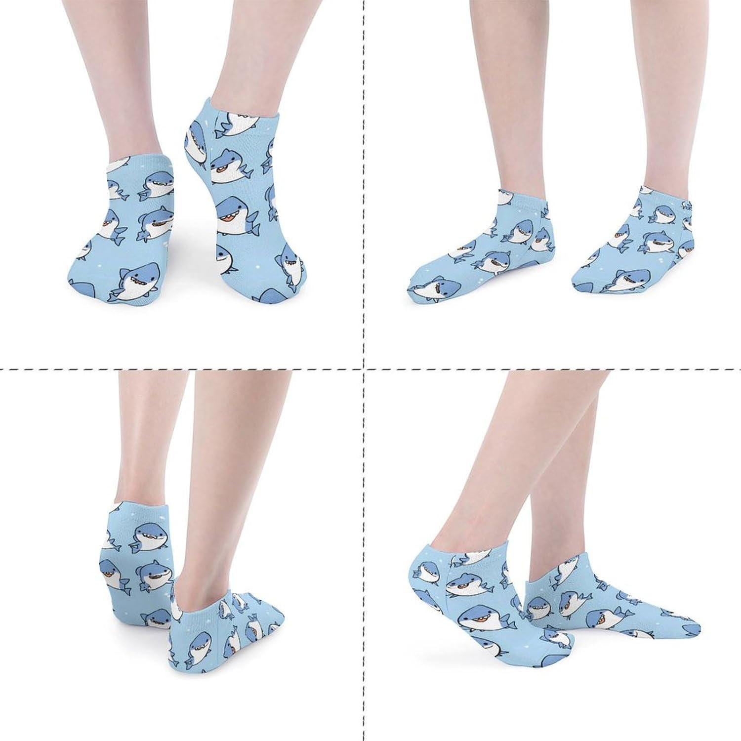 Shark Cartoon Abstract No Show Ankle Socks Low Cut Non Slip Flat Boat Line 5 Pairs Set