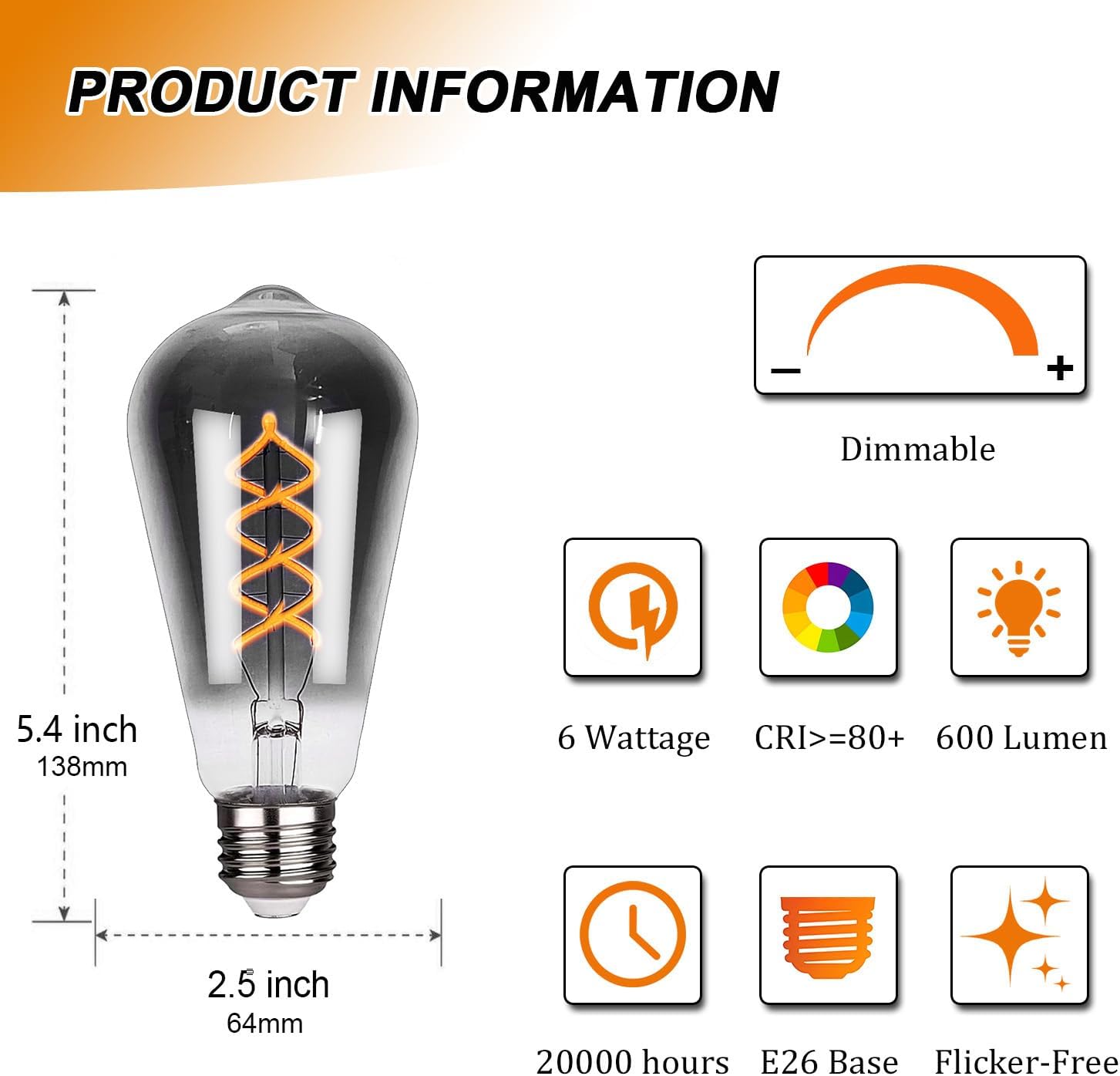 E26 ST64 LED Edison Bulbs 60 Watt Equivalent, 6W Dimmable Vintage Decorative Lights, 3000K Warm White Smoky Grey Glass Spiral Filaments Design, 4 Pack