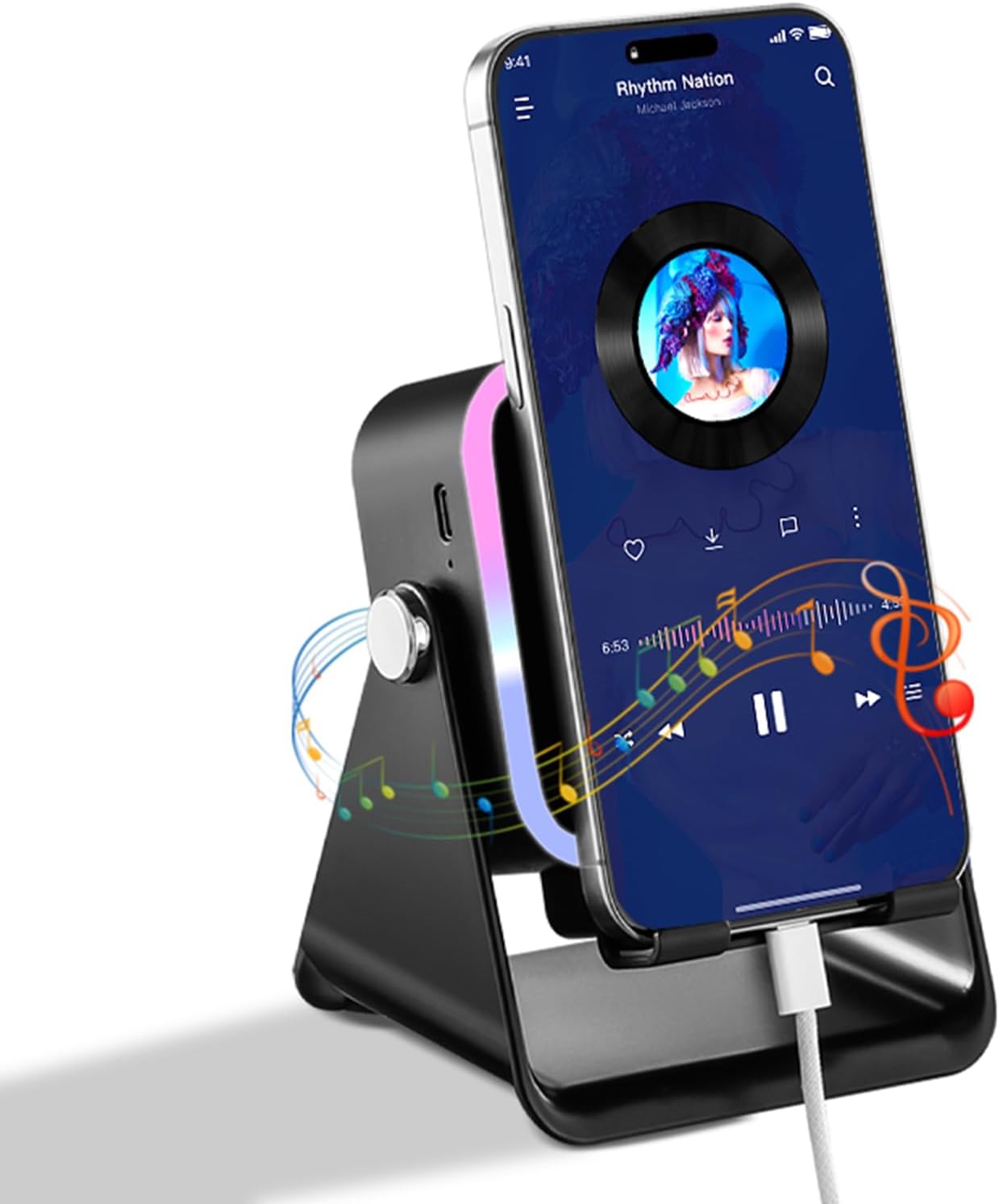 Wireless Induction Speaker 5-in-1 Bluetooth Speaker with Phone Holder, Surround Sound, 3500mAh, 8 RGB Ambient Lights, 360° Adjustable Stand, Holder for iPhone/Android/iPad Gifts for Men Women (Black)