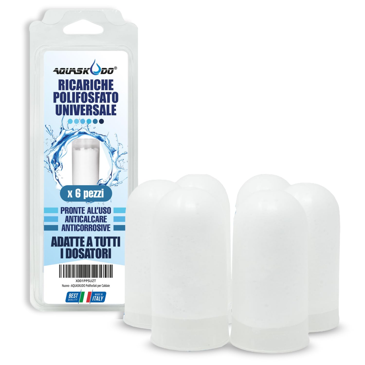 AQUASKUDO Polifosfati per Caldaia Ricarica - Cartucce Universali per Filtro Anticalcare Made in Italy - 6 Ricariche Polifosfati per Caldaie