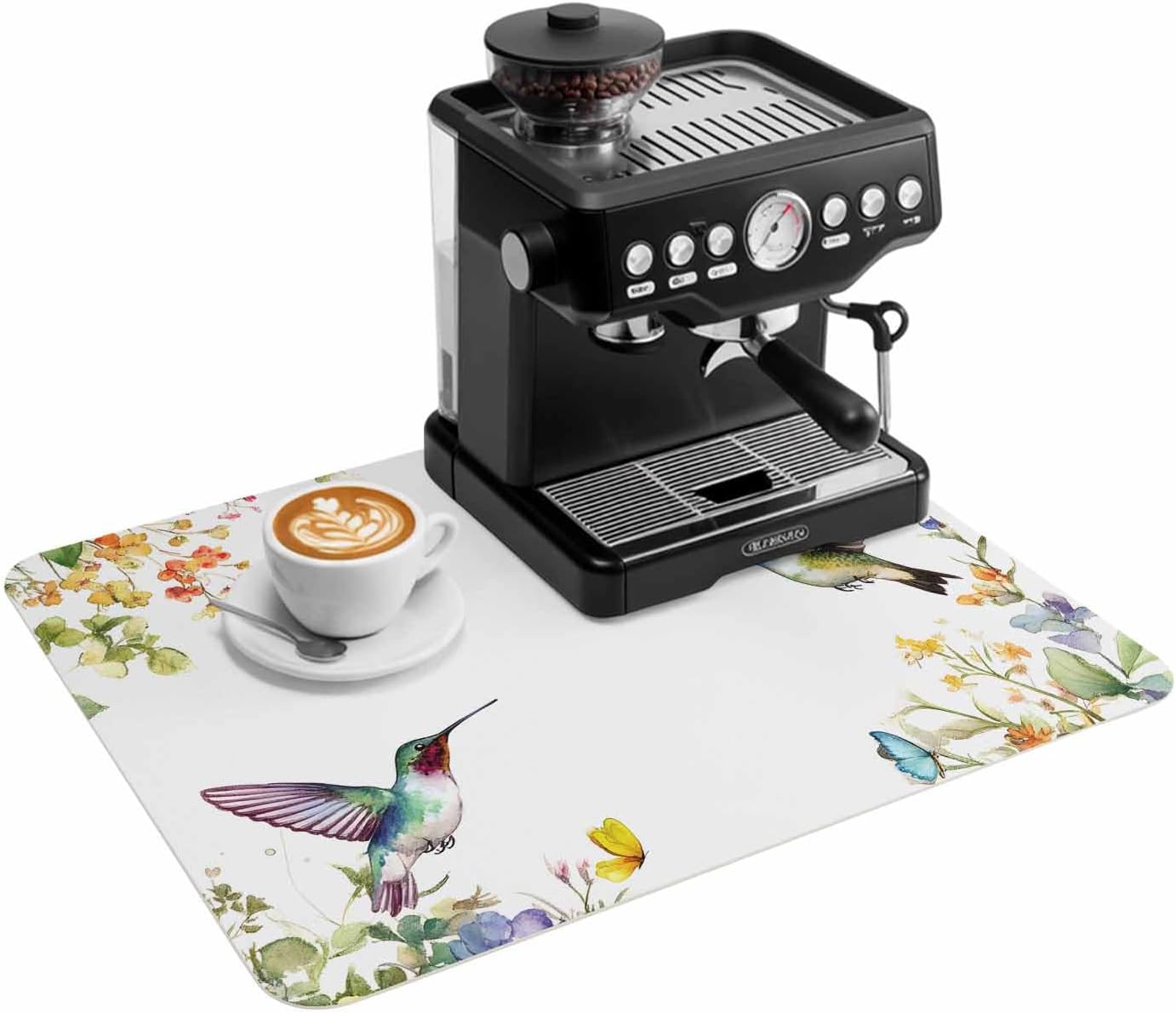 Coffee Mat Spring Flowers Dish Drying Mat for Kitchen Counter Butterfly Bird Coffee Bar Mat for Coffee Maker and Espresso Machine, Coffee Station Accessories 18x28in