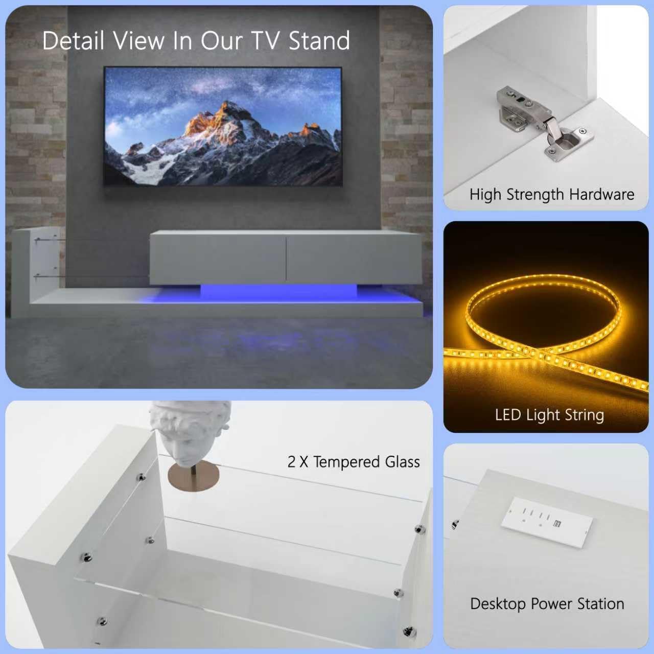 LED TV Stand for 55 65 75 Inch TV, Modern Entertainment Center Equipped with Tempered Glass, TV Console with Storage Cabinets， Gaming Media Console with Power Outlet for Living Room, White