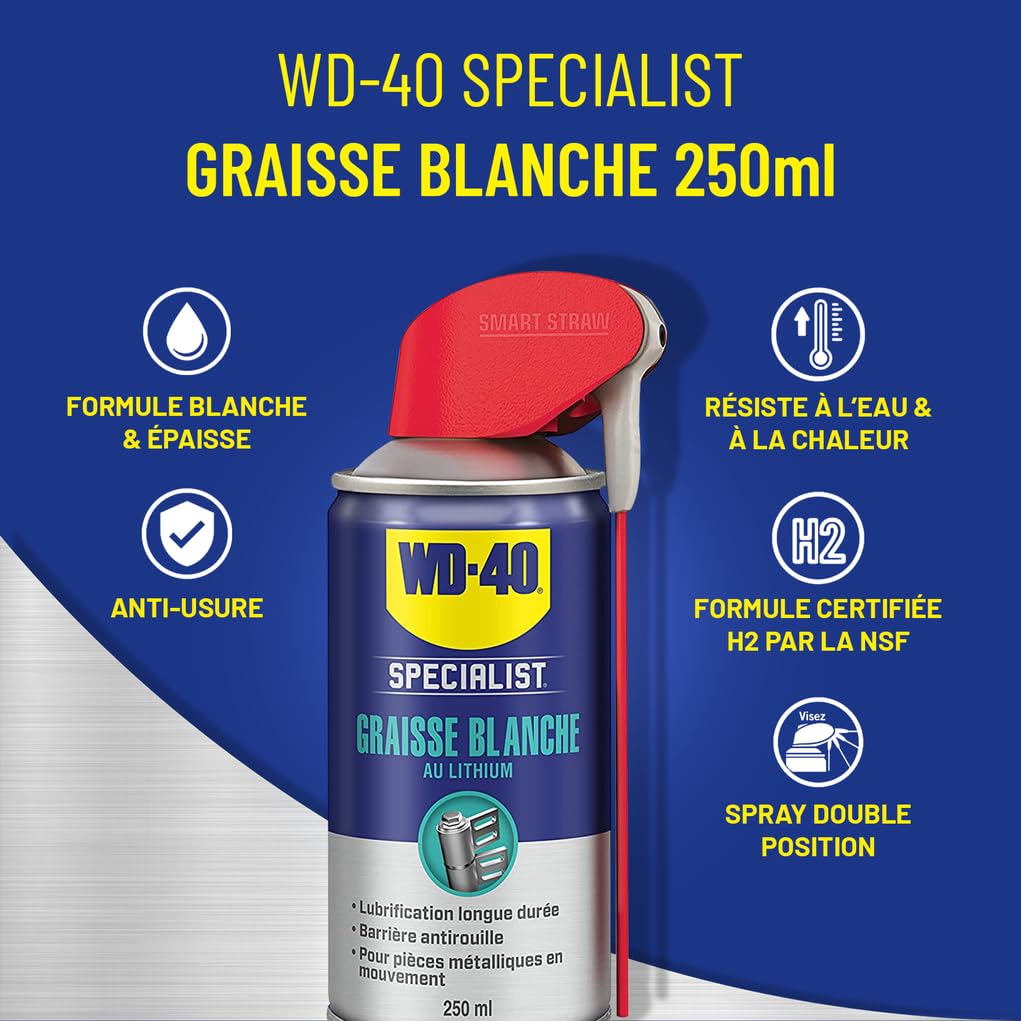 WD-40 Specialist • Graisse Blanche Au Lithium • Spray Double Position • Formule Blanche et épaisse • Résiste à l'Eau et a la Chaleur • Propriétés anti-usure • Carton de 12 aérosols de 250 ML