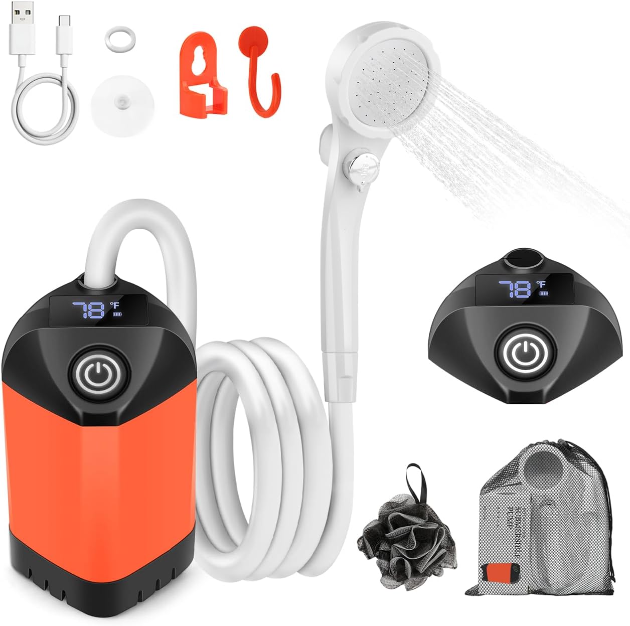 Portable Shower for Camping,7800mAh Rechargeable Camping Shower Pump,IPX8 Waterproof Outdoor Shower with LED Display and 3 Spray Modes for Hiking,Travel, Pet, Car Wash,RV Life