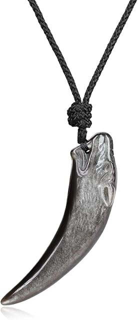 COAI Gems Wolf Tooth Obsidian Stone Amulet Pendant Necklace