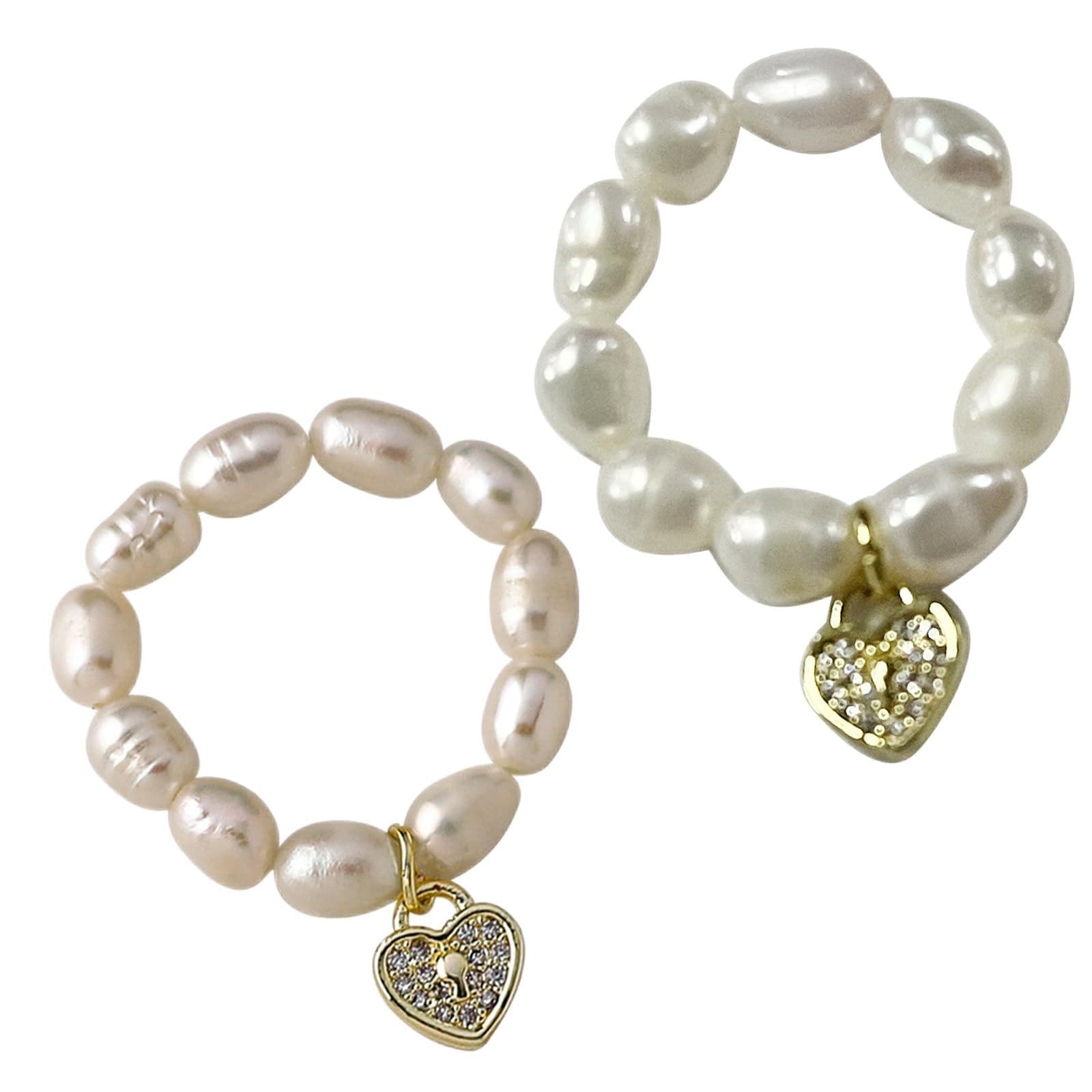Luofeng Women's B Elastic Rings,Freshwater Pearl Eaded Elastic Minimalist Finger Jewelry Star Heart Rings For Party Geometric Jewelry