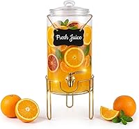 FUREEY 1 Gallon Glass Drink Dispenser with Gold Stand, Stainless Steel Spigot & Chalkboard - Ideal for Parties, Lemonade, Juice, Tea