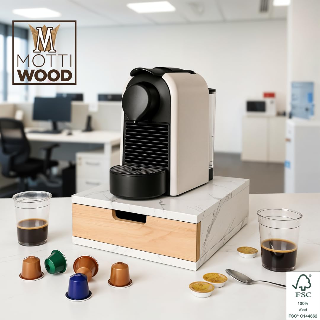 Mottiwood Porta Capsule Cialde con Cassetto, Salva Spazio, Effetto Marmo Bianco, 31x31x12hcm, Cassetto Porta Capsule o Cialde Compatibili, Bustine e Accessori, Made in Italy (Effetto Marmo Bianco)