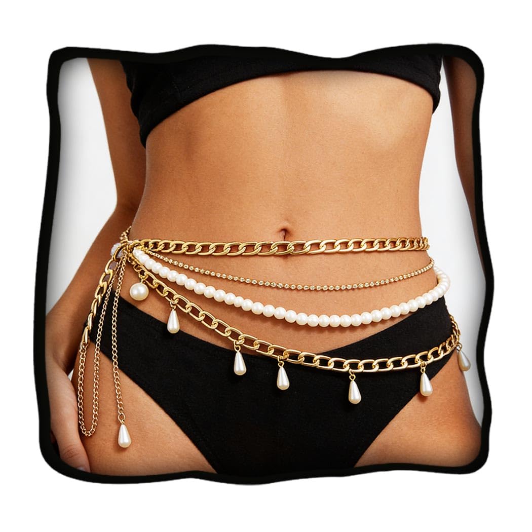 1 PCS Gold Plated Layered Pearl Waist Chains for Women | Adjustable Chain Belt Body Jewelry for Dress Jeans Western Outfits | Boho Belly Waist Chain for Party Festival Beach Accessory-image-19