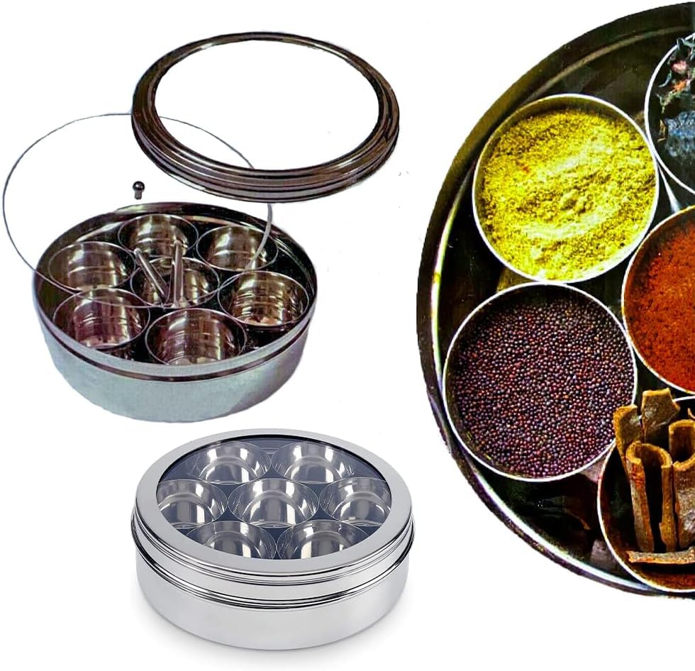 Vintage Gourmet Spice Box Masala Dabba 9pc Set Stainless Steel 17cm