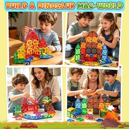 Image of Coodoo Dinosaur Toys Magnetic Tiles Lava Dinosaur World Set - Magnetic Blocks Building for Kids 3-5 5-7 Girls Boys Toy Age 4-6 6-8, Classroom Must Haves Toddler Sensory for 3+ Year Old Kids Toys