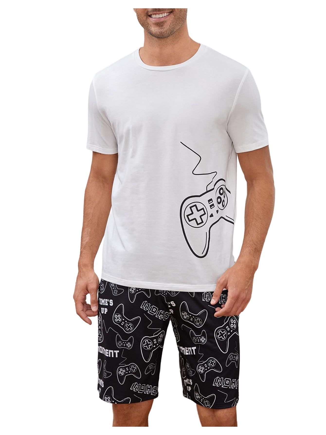 Verdusa Men's Pajamas Set 2 Piece Pjs Sets Short Sleeve Letter Print Tee and Short Lounge Set