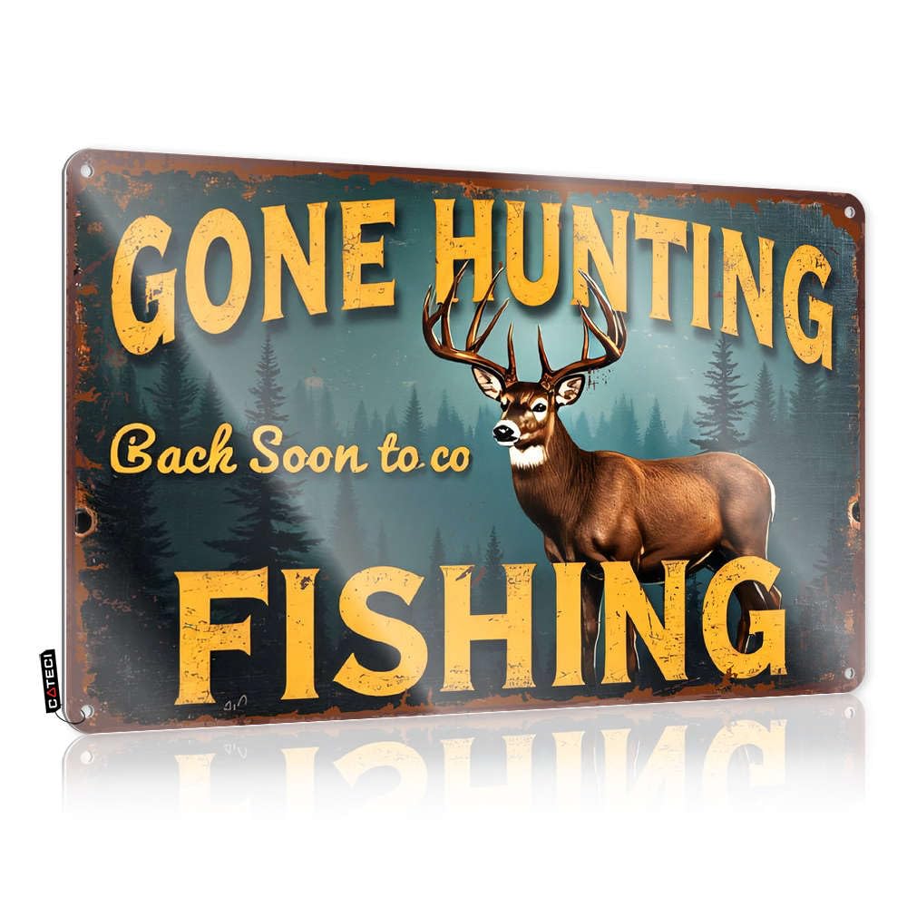 Tin Plate Sign Lake Art Wall Decor Skeleton Indoor Outdoor Metal | Decorative Guns For Gone Hunting, Back Soon To Fishing/Patio Signs And