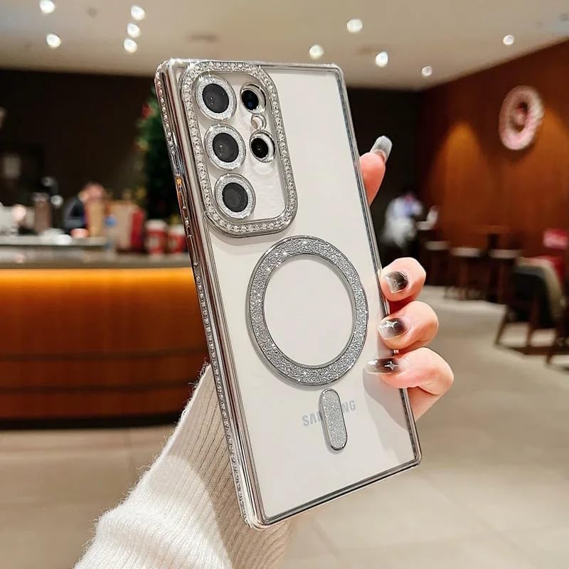 Image of for Samsung S26 Ultra 5G Glitter Case,Luxury Bling Rhinestone Diamond Plated Bumper Case,MagSafe, Sparkle Camera Lens Protection Clear Back Cover for Samsung S26 Ultra 5G (Silver)